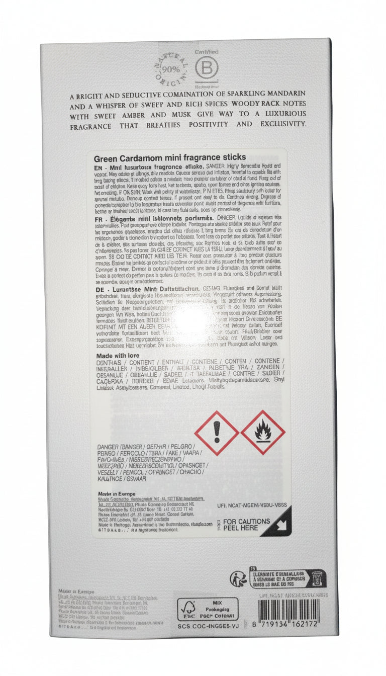 Back of a product packaging with text and warning symbols on a black background